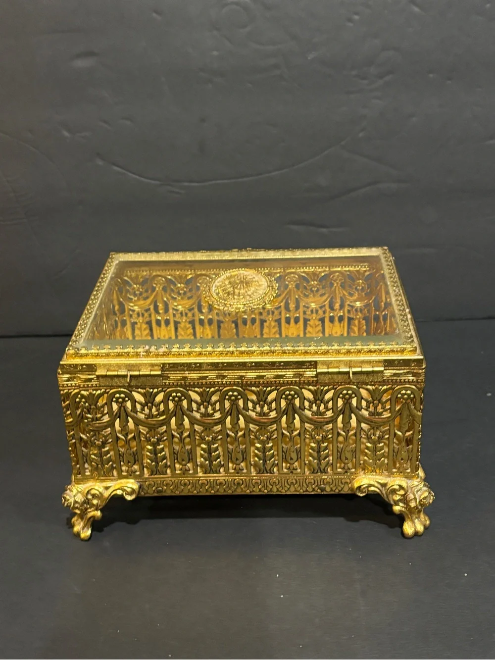 1950s Italian Renaissance Revival Brass Glass Jewelry Trinket Dresser Box 8”